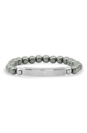 Steeltime Mens Lords Prayer Stainless Steel Bar & Hematite Beaded Bracelet in Silver/Gray at Nordstrom Rack