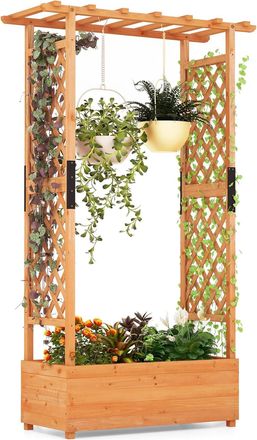Costway Costway - Jardinera Elevado Con Enrejado De Arco, Techo Colgante, Macetero, Orificios De Drenaje, Contenedor Vertical Para Plantas Trepadoras, Maceter