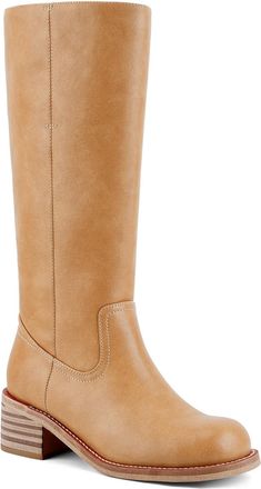 Generic Womens Knee-High Boots Faux Leather Elastic Low Heel Round Square Toe Tall Boot Wide Calf Fashion Comfortable Casual Long Boots