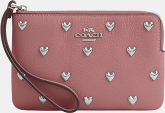 Coach Womens Corner Zip Wristlet With Heart Rivets - Pink Leather - One Size