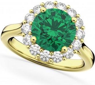Allurez Halo Round Lab Emerald & Lab Grown Diamond Engagement Ring 14K Yellow Gold 4.40ct