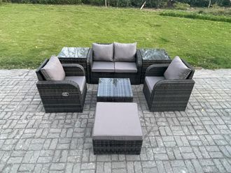 Fimous Rattan Garden Furniture Set Patio Conservatory Indoor Outdoor 7 Piece Set with Love Sofa Square Coffee Table in Dark Grey