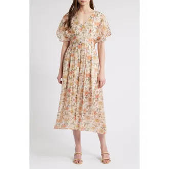 Mila Mae Floral Dolman Sleeve Midi Dress in Peach Floral at Nordstrom, Size Medium