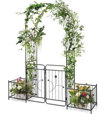 Costway Costway - Arco De Jard&iacute;n Con Puerta Y Maceteros Laterales, P&eacute;rgola De Enrejado De Metal Con Cerradura, Enrejado Superior Arqueado Para Plantas Trepado