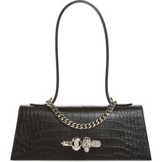 Alexander McQueen Jewelled Croc Embossed Top Handle Bag in Black/Silver at Nordstrom