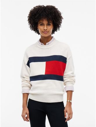 Tommy Hilfiger Womens Intarsia Flag Logo Crewneck Sweater - Ivory - XXL
