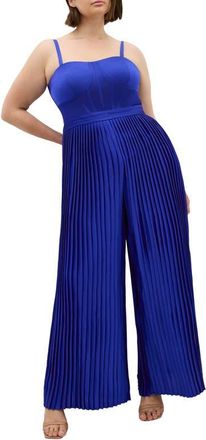 City Chic Pleated Satin Jumpsuit in Cobalt at Nordstrom