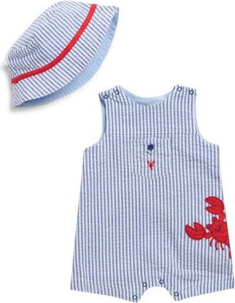 Little Me Lobster Detail Cotton Seersucker Shortalls & Hat Set in Navy at Nordstrom, Size 9M