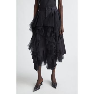 Comme Des Gar&ccedil;ons Wool Gabardine Skirt with Tulle Ruffles in Black X Black at Nordstrom, Size Medium