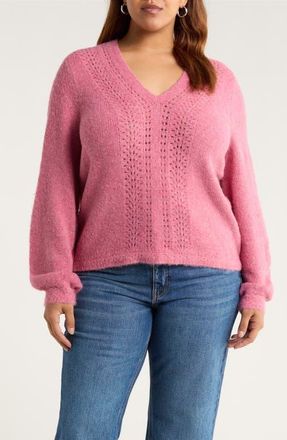 Treasure & Bond Pointelle V-Neck Sweater in Pink Haze at Nordstrom, Size 2X