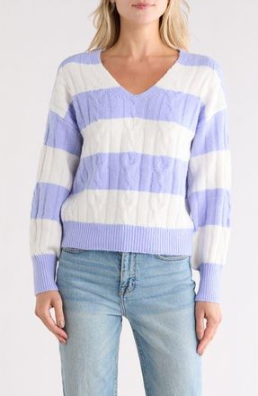 Madden Girl Rugby Stripe Cable Knit V-Neck Sweater in Baby Lavender Combo at Nordstrom Rack, Size X-Large