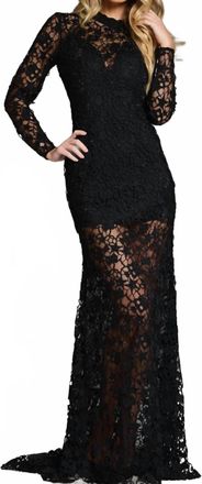 Jovani High Neck Floral Lace Evening Gown In Black