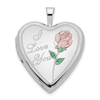 Diamond2Deal 14K White Gold Pink and Green Enamel Rose I LOVE YOU Script 20mm Heart Locket