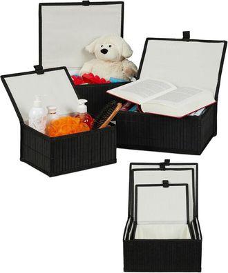 Relaxdays Relaxdays - 2 Sets of 3 Bamboo Storage Baskets with Lid, Decorative Organiser, Dust-free & Moisture-resistant, Black