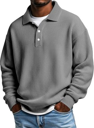 Generic Sweatshirts for Men Stand Collar Mens Polo Shirts Button Up Long Sleeve Shirt Waffle Plaid Sweatshirt Loose Fit Winter Sweaters Trendy Casual Fall Pul