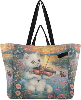 Generic White Cat Flower Violin pattern Reusable Canvas Tote Bag, Heavy Duty Grocery Shopping Bag with Hard Bottom Double Handles Large Capacity Work Grocerie