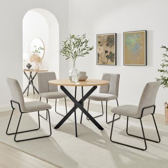 Furniturebox Novara 100cm Oak Veneer Top Round Dining Table & 4 Taupe Halley Chairs in Brown