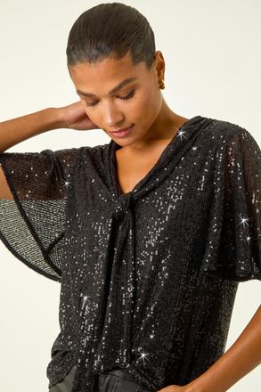 Roman Sequin Tie Neck Stretch Top