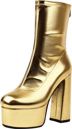 Generic Womens Ankle Boots Shiny PU Leather Thick Platform Chunky Block Heels Side Zip Comfortable Bold Fashion Footwear for Evening Parties Night Out,Gold,7.
