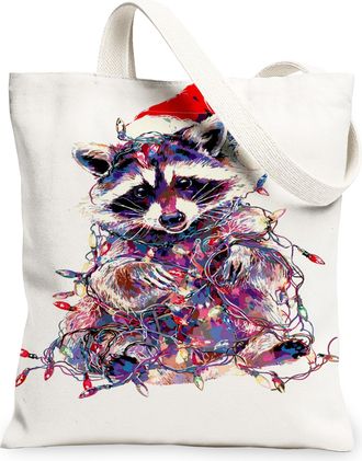 Generic Holiday Raccoon Canvas Tote Bag, Colorful Animal Pattern Reusable Grocery Bags, Festive Lightweight Washable Shoulder Strap, White, 13x15 Inch
