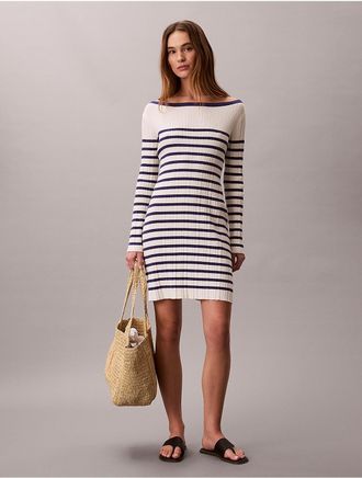 Calvin Klein Womens Stripe Long Sleeve Rib Mini Dress - Multi - XL