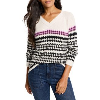Nic+Zoe Stripe V-Neck Cotton & Cashmere Blend Sweater in Neutral Multi at Nordstrom Rack, Size X-Large