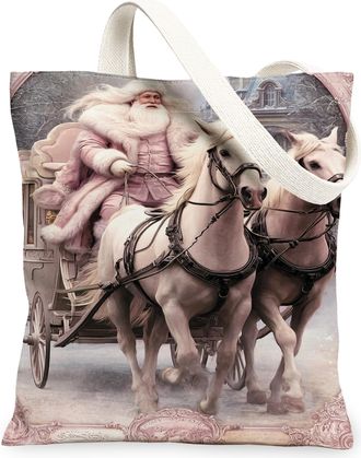 Generic Christmas Vintage Peach Canvas Tote Bags, Elegant Horse Carriage Pattern Reusable Grocery Bags, Winter Lightweight Washable, Peach, 13x15 Inch