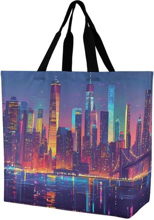 Generic New York City Skyline Large Reusable Shopping Bag Lightweight Foldable Tote Bags Washable Shoulder Handbag