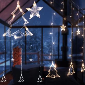 ECD Germany Cortina De Luz Led Para Ventanas 220cm 138 Leds Blanco C&aacute;lido &Aacute;rboles Y Estrellas De Navidad 8 Funciones Decoraci&oacute;n Navide&ntilde;a Para Ventanas De Interior