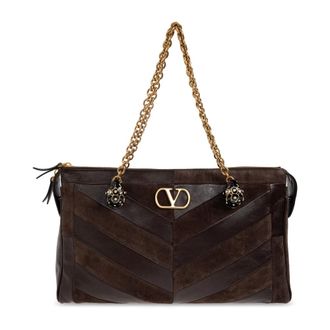 Valentino Garavani Leather Shoulder Bag with Appliqu&eacute;s - female - Valentino Garavani - Shoulder Bags - Brown - ONE SIZE - Bags