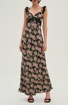 For Love & Lemons Fallen Rose Print Maxi Dress in Black at Nordstrom Rack, Size Large