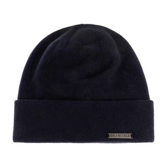 Balenciaga Cashmere Beanie with Logo - Dames - Hoeden - Blauw - S - Wol - Accessoires