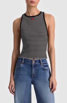 Alice & Olivia Allen Embroidered Tank in Black/Off White Stripe at Nordstrom, Size X-Small