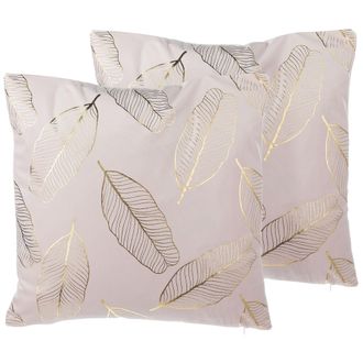 Beliani Beliani - Conjunto De Cojines Decorativos En Terciopelo Rosa Con Patr&oacute;n De Hoja 45 X 45 Cm Accesorio De Casa Moderno L&aacute;mina Dorada Freesia