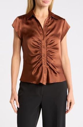 Daniel Rainn Ruched Satin Button-Front Cap Sleeve Blouse in Tortoise Shell at Nordstrom Rack, Size X-Large