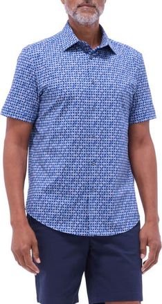 Bugatchi Miles OoohCotton Geo Print Short Sleeve Button-Up Shirt in Night Blue at Nordstrom, Size Xxx-Large