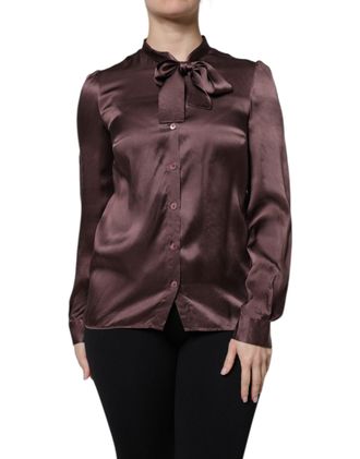 Dolce & Gabbana Womens Brown Ascot Collar Long Sleeve Blouse Top Silk