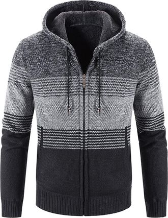 Generic Mens Casual Winter Warm Hooded Stripe Print Cardigan Zipper Long Sleeve Loose Knit Coat for Work Home Comfort (Dark Gray, L)