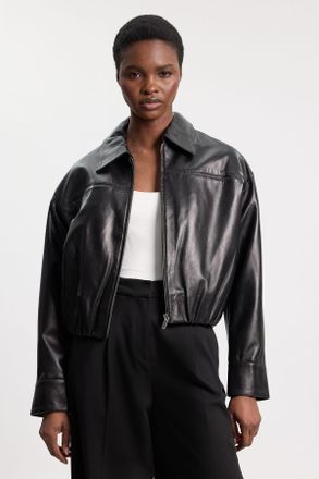 Karen Millen Womens Leather Collared Bomber Jacket - Black - Size 10 UK