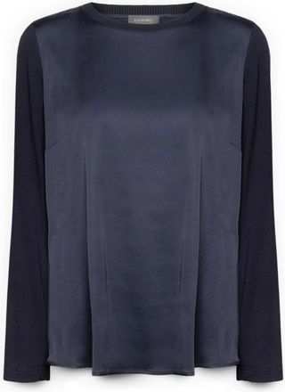 Elena Miro T-shirt van twee stoffen - Dames - Blouses - Blauw - XS - Katoen - Overhemden