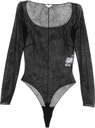 Elisabetta Franchi Sheer Black Bodysuit With Subtle Hexagonal Mesh