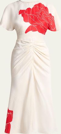 Victoria Beckham Ruched Floral-Print Viscose Midi Dress