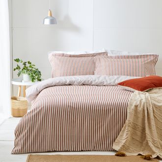 The Linen Yard Hebden Striped Reversible Duvet Cover Set - Red Cotton - Size Super King