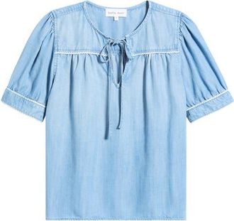 Bella Dahl Scallop Trim Tie Front Chambray Top in Ombre Mist Wash at Nordstrom, Size X-Large