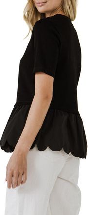 English Factory Mixed Media Scallop Peplum Cotton Top in Black at Nordstrom, Size X-Small