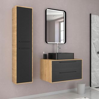 Aurlane Paquete Gabinete De Ba&ntilde;o 2 Cajones + Lavabo Rectangular + Columna + Espejo Led - Uby 80cm