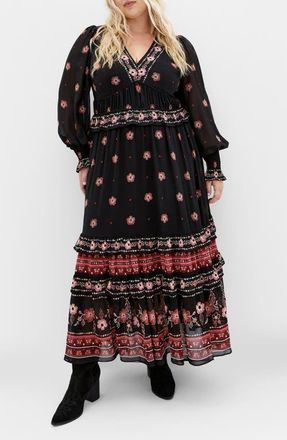 City Chic Cameron Long Sleeve Maxi Dress in Border Print at Nordstrom, Size Xxs
