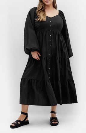 City Chic Tiana Long Sleeve Tiered Midi Dress in Black at Nordstrom, Size Xxs