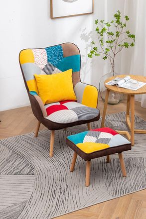 Living and Home Colorful Multi-pattern Patchwork Accent Chair Wingback Sofa with FootStool and Cushion in Blue