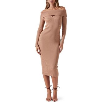 ASTR the Label Cutout Off the Shoulder Long Sleeve Midi Sweater Dress in Tan at Nordstrom Rack, Size Medium